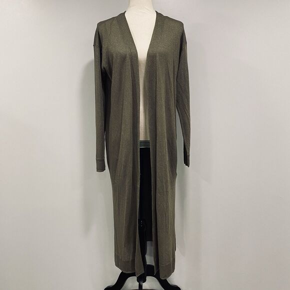 MICHAEL KORS NWT M Open Duster Cardigan Side Split Safari Green Pockets Shimmer - Picture 1 of 16
